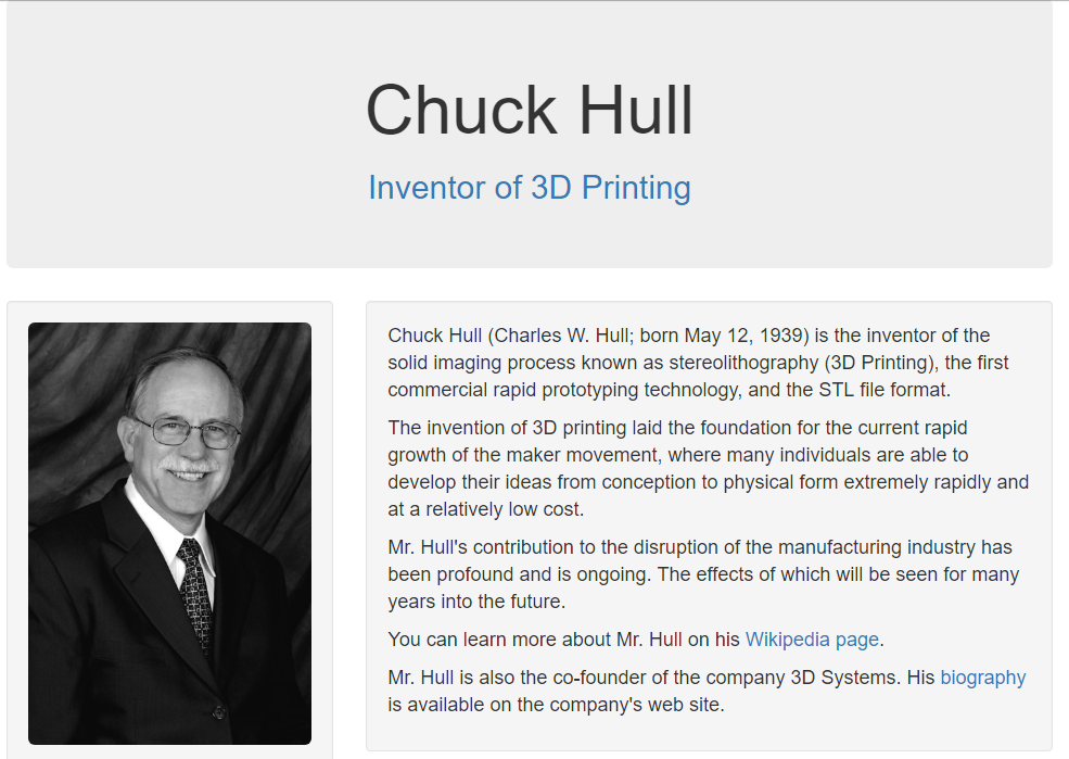 Tribute page for Chuck Hull screenshot