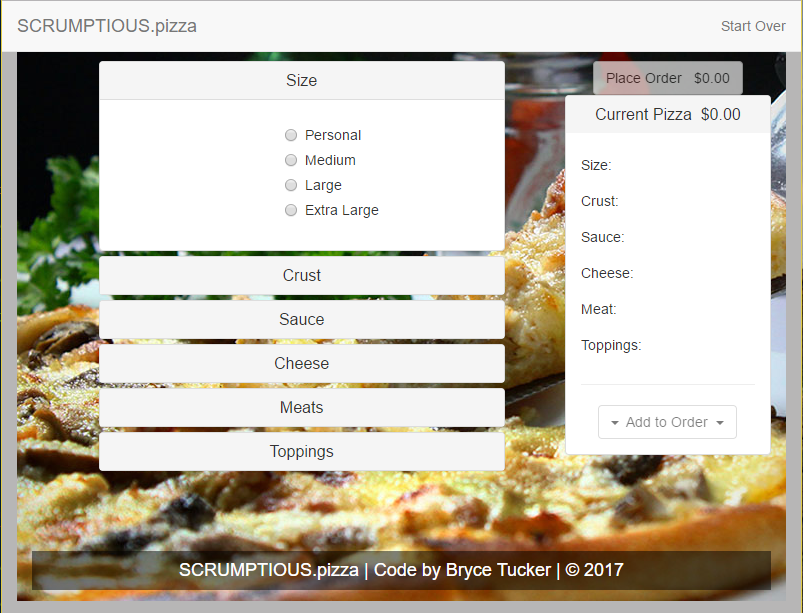 Screenshot of form practice page, a pizza ordering site.